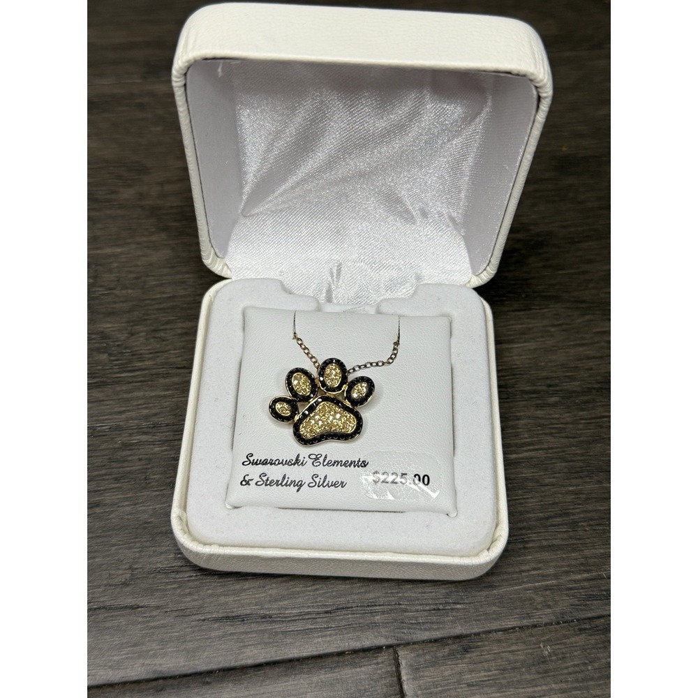 Swarouski Elements Sterling Silver Dog Paw Pendant Necklace 925 Gold‎ Tone